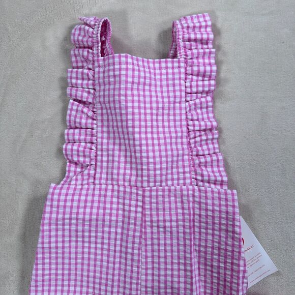 Smiling Button Kids 4 Flutterall Romper Pink White Gingham Seersucker Ruffle New - Picture 5 of 9